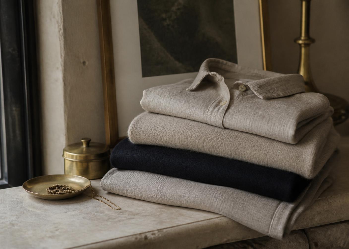 Folded linen and cashmere garments on a stone surface