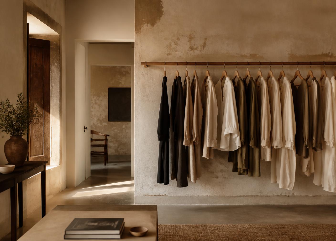 Interior of the studio with a wooden rail of neutral garments
